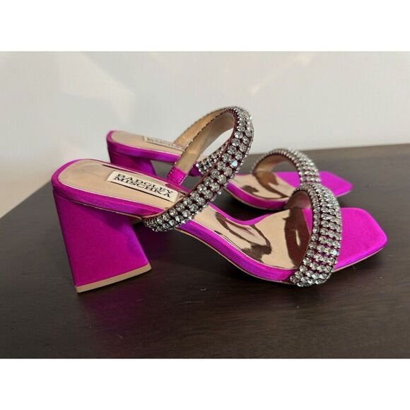 Badgley Mischka Women's Frankie Jeweled Band Heels Sandals 7.5 Fuchsia Satin - Picture 5 of 8